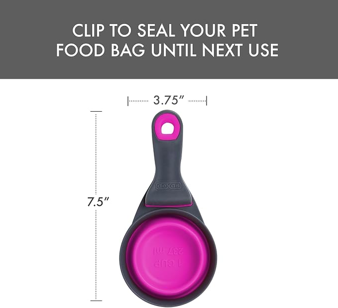 Dexas Popware for Pets Collapsible Klip Scoop, 3-in-1 Pet Food Scoop, Measuring Cup and Bag Clip, 1 Cup Capacity, Fuchsia