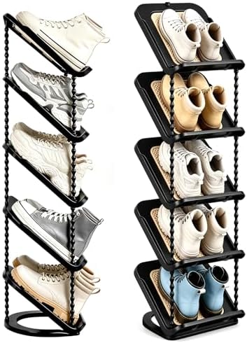 2 Pack Slanted Narrow Shoe Rack 5 Tiers, Slim Depth Vertical Shoe Shelf | Small Spaces Shoe Storage, Fits All Shoes & Boots Organizer, Free Standing, Tall, Sloping, Thin, Corner, Entryway, Ergonomic