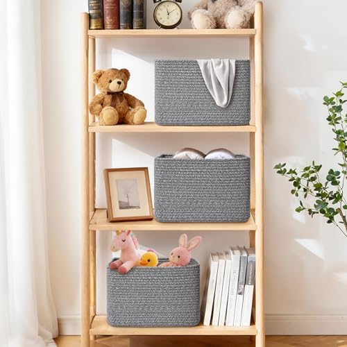 Storage Baskets for Organizing, 4 Pack Baskets for Shelves, Decorative Storage Bins for Shelves, Cotton Rope Storage Basket with Handles, Woven Basket for Storage, 13''Lx8.7''Wx7.9''H, Gray