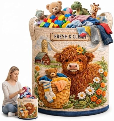 Rustic Highland Cow Clothes Hamper Cute Bear Basket Fabric Toy Storage Organizer Bin Collapsible Laundry Bag for Kids(20" x 28")