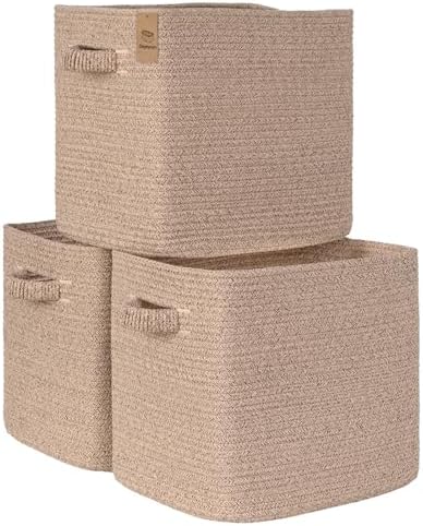 15×13 Inch Storage Cubes, 3 Pack Cube Storage Bins for Organizing, Cotton Rope Woven Baskets for Shelves, Bathroom, Kids Room, Closets, Baby Nursery