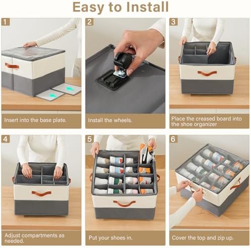 INSTY 2 Pack Shoe Organizer for Closet, Fits up to 32 Pairs, Adjustable Dividers for Shoe Storage, Fabric Shoe Storage Bins with Clear Cover, Beige and Grey