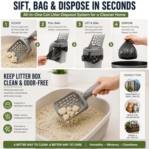 3 in 1 Litter Box Shovel with Hidden Bag Compartment & Clump Separator with 150 Garbage Bags, Cat Litter Scoop with Holder for Quick Cleaning, Litter Scooper for Cat Households (with 70 Bags)