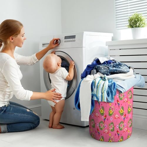 Portable Laundry Hamper with Handles Flamingos Flower Parrot Palm Pink Summer Holiday, Foldable Waterproof Clothes Basket for Bedroom, Nursery, and Bathroom Storage