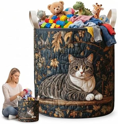 Vintage Tabby Cat Laundry Basket, Quilted Clothes Hamper with Handles, Decorative Fabric Storage Bin, Gift for Cat Lovers Home Decor(16" x 22")