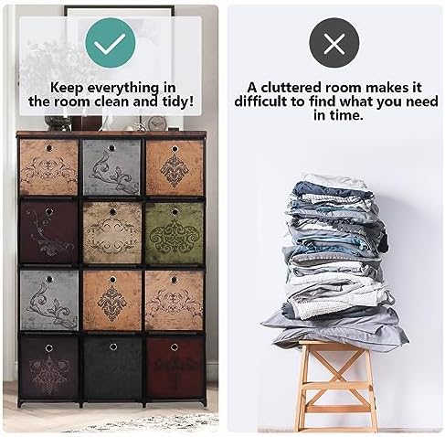 VASICAR Tall Fabric Dresser for Bedroom, Vintage Cube Organizer Shelf | 12-Drawer Storage Tower Unit, DIY Shelves and Drawers for Closet, Nursery, Hallway, Entryway