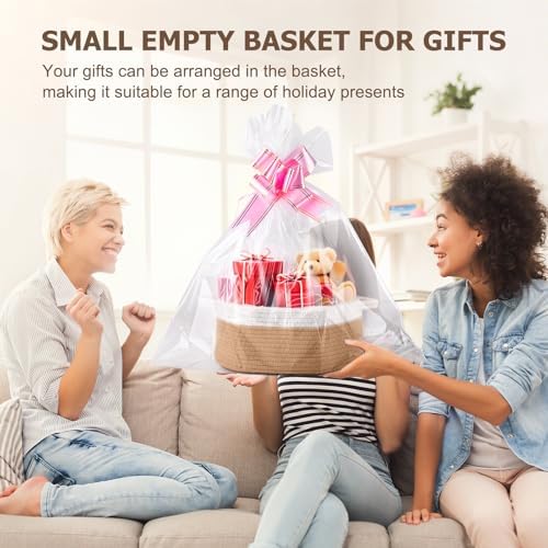 Small Woven Basket, 12" x 8" x 5" Gift Basket Empty with Ribbon and Gift Bag, Rope Basket for Baby Shower, Holiday Presents,Storage Basket with Handle for Nursery,Pet Toy Basket (White-Kaki)