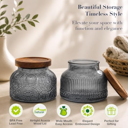 Decorative Grey Glass Jars with Airtight Wooden Lids 2 pack, 25.4 fl. oz | Wide mouth vintage storage canister, kitchen pantry bathroom organization, coffee sugar tea cookie candy candle vase gift