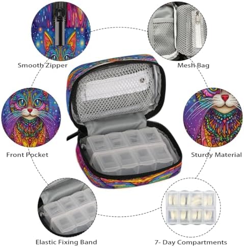Pill Organizer Box Ethnic Style cat Cute 7-Day Weekly Medicine Pill Case Travel Pill Container Portable Pill Holder Storage Purse Bag Small Compact Size for Vitamin Supplement Birth Control