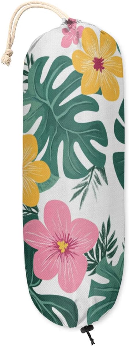 Wild Palm Leaves Plastic Bag Holder Tropical Floral Grocery Bag Storage Dispenser Washable Hanging Shopping Bags Carrier Reusable Wall Mount Trash Bag Organizer for Kitchen Pantry