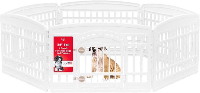 IRIS USA 6-Panel Dog Playpen, Pet Enclosure, White | Puppy Training, Custom Pen Configuration, Flexible Boundary, Configurable Layout, Secure Door Latch, Stable Non-Tip Base