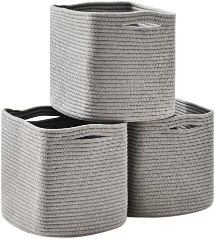 ICERZCZ 11 Inch Cube Storage Bins, Storage Cube Organizer Bins, Woven Cotton Rope Basket for Storage, Storage Baskets for Organizing Shelves, Grey Baskets for Toys Nursery, Grey (Pack of 3)
