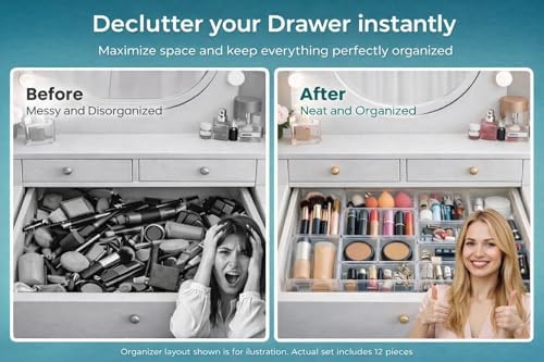 12 Pack Clear Drawer Organizer Set, Multi-Size Plastic Storage Bins for Makeup, Bathroom, Kitchen, Vanity & Office