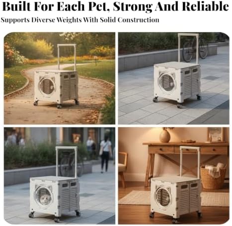 Rotating Wheelbase Vented Panels Telescopic Handle Foldable Pet Carrier Trolley, Array, Khaki