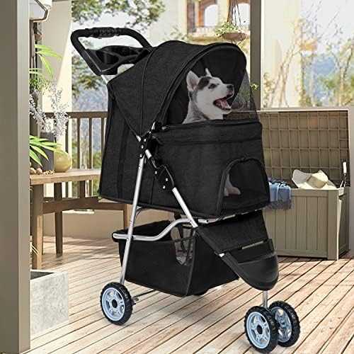 BestPet | 3-Wheel Foldable Pet Stroller | Black | Lightweight & Portable | Travel Carrier with Mesh Windows, Storage Basket, Cup Holder, Safety Brakes, and Waterproof Fabric | For Small Dogs and Cats