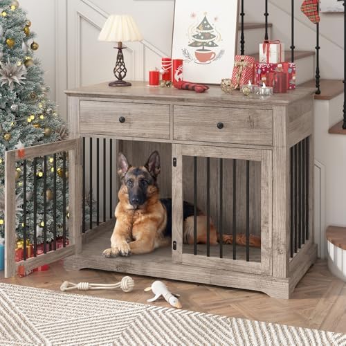 PRETZI Dog Crate Furniture, 44 Inch Wooden Dog Kennel Indoor with 2 Storage Drawers, Heavy Duty Large Crate Furniture, Decorative End Table Cage Furniture for Small/Medium/Large (Grey)