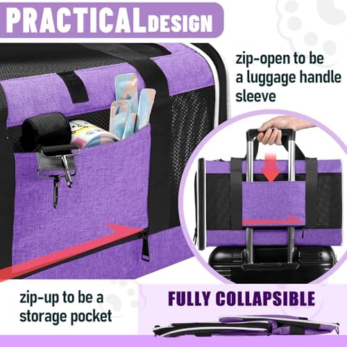 GAPZER Large Cat Carrier Soft, Collapsible Travel Pet Carry Bag, Small Dogs | Large Cats up to 20 lbs+ Maine Coon, Top Load Transport Small Puppy Dog Crate, Chihuahua Mini Dog 10lbs, Sturdy Fabric Pueple