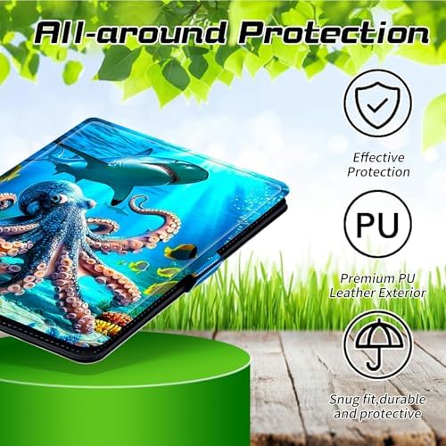 Universal Case for T-Mobile Revvl Tab 2 10.1" Model:9185W 2025/Revvl Tab 5G 10.36" 2023, 360 Degree Rotating Kickstand Protective Stand Leather Shell Cover for 9"-10.5", Underwater Octopus