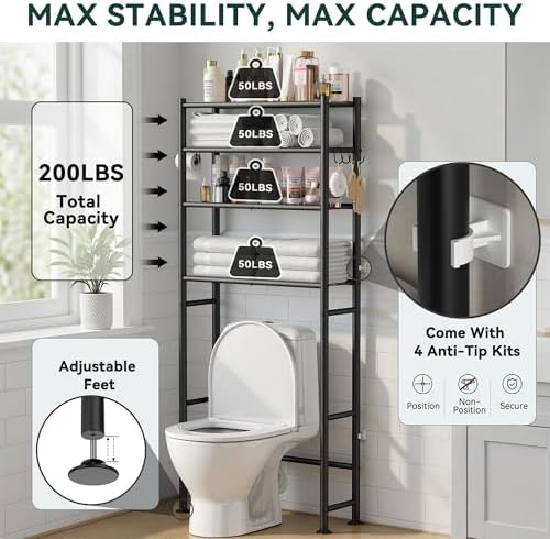 GloTika 4-Tier Over The Toilet Storage Shelves, Black | 200lb Total Capacity, Metal Bathroom Organizer with 36" Clearance, Includes Paper Holder & 4 Hooks, Suit for Small Space