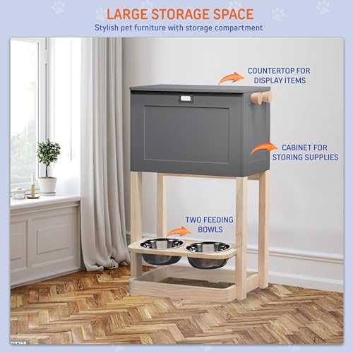 Zoovilla Raised Pet Feeder Station with Soft-Close Lid, 7" Angled Bowls – Waterproof Wooden Dog Storage Organizer for Large & Small Dogs – Modern Design (Gray)