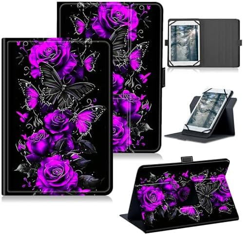 Universal Case for T-Mobile Revvl Tab 2 10.1" Model:9185W 2025/Revvl Tab 5G 10.36" 2023, 360 Degree Rotating Kickstand Protective Stand Leather Shell Cover for 9"-10.5", Purple Rose Art