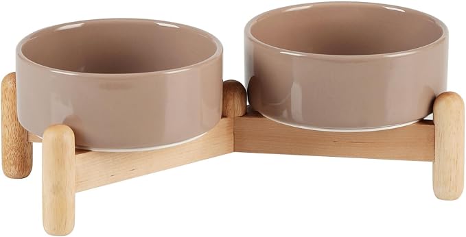 Havniva Ceramic Dog Bowls Elevated, Raised Dog Food Bowl for Puppies | 5.1” Elevated Dog Bowls, Non-Slip Wood Stand, Dog Food and Water Bowl Set, Dog Feeding Dish, Large Capacity Pet Water Bowl