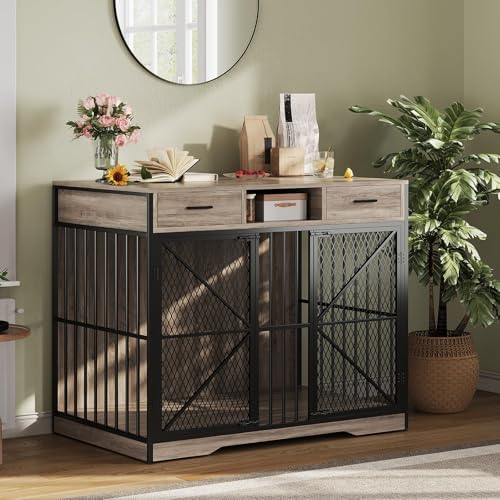 Dog Crate, Heavy-Duty Dog Crate Furniture Storage Table, Double Doors Dog Kennel Indoor Easy Access, Removable Tray Small Dog Crate Dog Kennel Furniture for Home, Vintage Brown/Black 44-Inch
