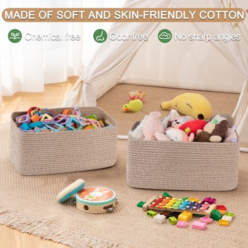 OIASKET Large Storage Basket for Organizing, Woven Rope Basket for Shelves, Closet Organizer Bins for Clothes, Blanket, Toys, Baby Nursery Storage, 17.7" x 13" x 7.87", 2 Packs Brown