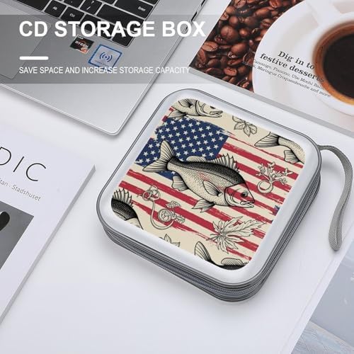40-Disc Hard Shell Storage Wallet American Flag Camo Fish, DVD CD Binder with Carry Strap, Portable Protective Organizer for Travel Office