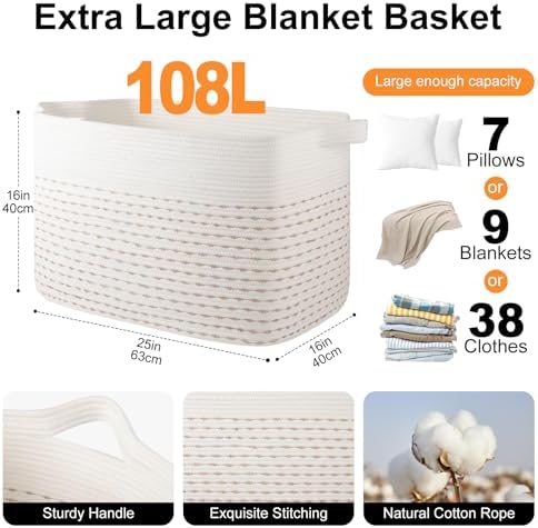 OIAHOMY 108L Extra Large Blanket Basket, 25”x16”x16” Rectangle Woven Cotton Rope Baskets for Living Room, Toy Storage with Handle- Light Yellow & White