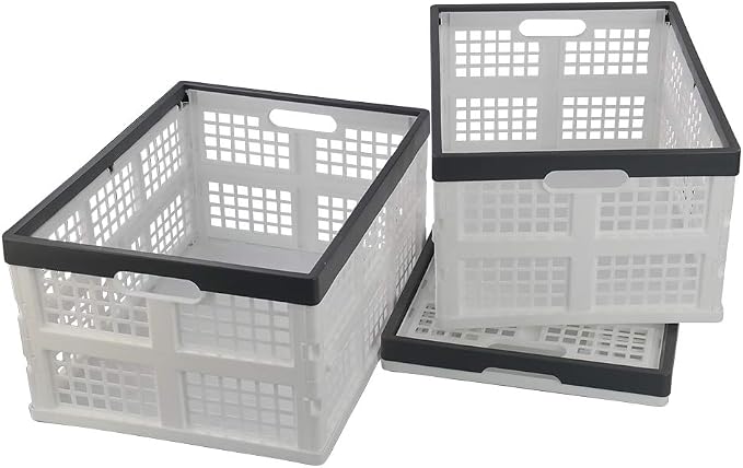 Teyyvn 3-Pack 30 L Plastic Stackable Collapsible Storage Crates | Folding Storage Baskets