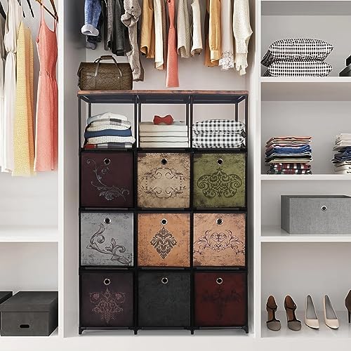 VASICAR Tall Fabric Dresser for Bedroom, Vintage Cube Organizer Shelf | 12-Drawer Storage Tower Unit, DIY Shelves and Drawers for Closet, Nursery, Hallway, Entryway