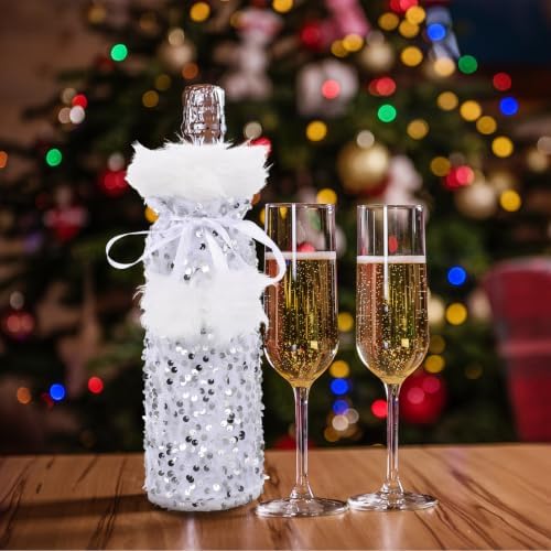 YSNOOWE Christmas Wine Bottle Cover Silver Plush Pouch for Wine Bottle Decoration and Wrapping Holiday Table Accessory with Soft Pet Material