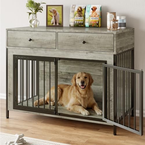 Large Dog Kennel Furniture with 2 Drawers, Wooden Dog Crate, Grey | 44 inch dog crate furniture with storage, decorate end table, dog cage for small medium large dogs