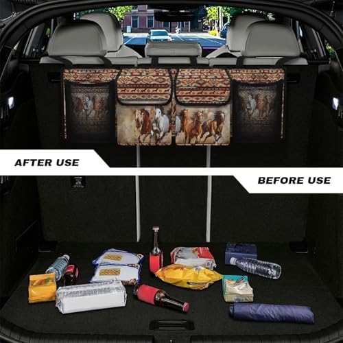 Aztec Horse Car Trunk Organizer for Women Men Car Back Seat Hanging Storage Bag Collapsible Auto Cargo Bag with 4 Large Pockets Auto Interior Accessories