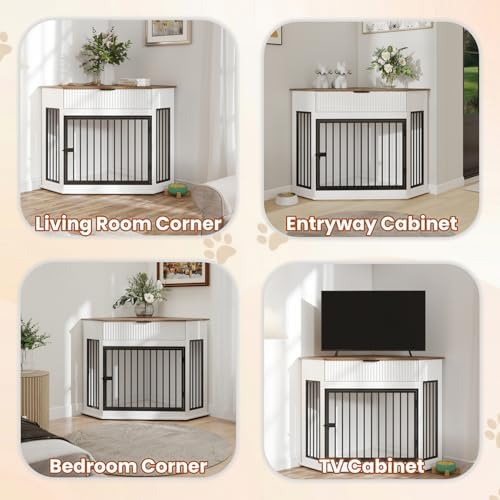 Corner Dog Crate Furniture with Drawer, White, Wood and Metal, TV Stand, Small to Medium Dogs (White + MDF+Steel)