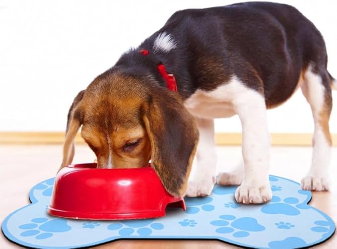 Dog Food Mats for Floors Waterproof, Pet Feeding Absorbent Water Bowl Mat Cat Placemats Blue Bone Shape 19 * 12 inch