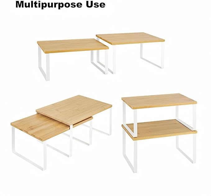NEX Bamboo Kitchen Cabinet and Counter Shelf Organizer, Stackable & Expandable, Set of 4, White and Natural | Stackable & Expandable Spice Rack, Space-Saving Pantry Organizers Bathroom Countertop Storage, White and Natural