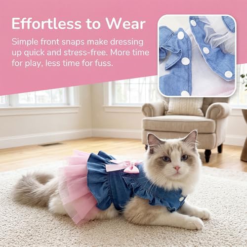 Dog Cat Denim Tutu Dress, Princess Puppy Kitten Outfit with Pearl Bow & Stand-Up Collar, Sleeveless Pet Clothes for Wedding Birthday Party, Easy Front Snap Closure for Chihuahua(Pink-Denim, X-Small)