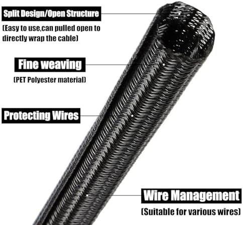 25ft PET Braided Cable Sleeve 2/3 inch(16mm) Wire Protector Cable wrap Wire Covers for Cords Cable Sleeves Cord Management Cable Management Sleeve(Black)