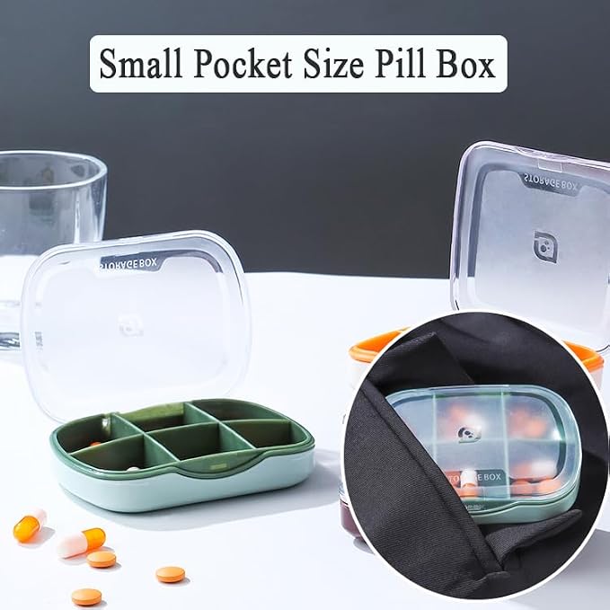 Travel Pill Organizer Box, 6 Compartment Weekly Medicine Container | Reminder for Purse Pocket, Daily Pharmacy Case, Medication Holder Dispenser for Fish Oil, Vitamin, Cod Liver Oil, Supplement