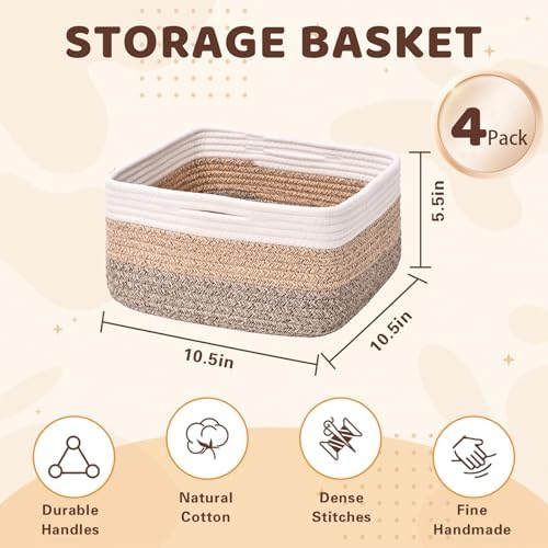Storage Baskets for Shelves, 4 Pack Shallow Basket
