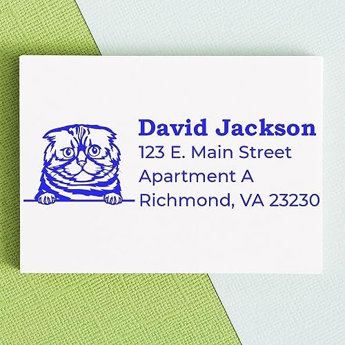 Peeking Foldex Cat Wood Handle Address Stamp - Custom Stamp for Envelopes | Customised Address Stamp for Veterinary Clinics. Address Stamp with Foldex Cat. 4 lines. Any standard pad works.