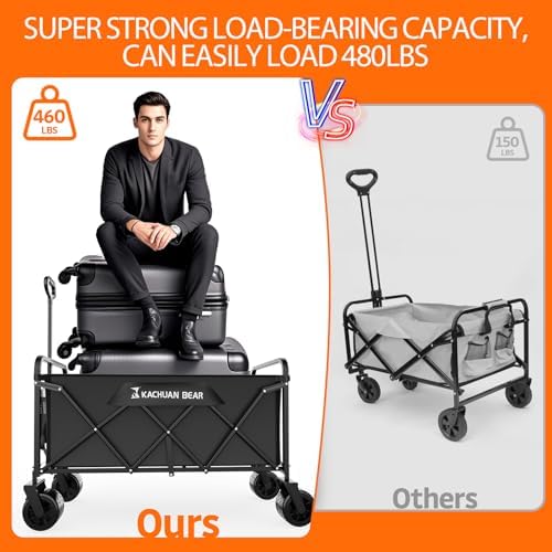 300L Wagons Carts Foldable Collapsible with Big All-Terrain Beach Wheels | 480lbs Large Heavy Duty Utility Wagon Cart and Folding Frame. Perfect for Groceries, Garden, Shopping & Sports. Black color.