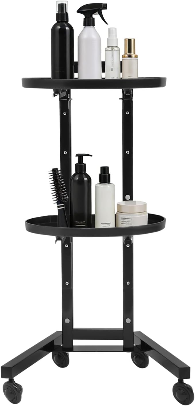 2-Tier Hairdressing Trolley, Mobile Salon Tool Storage Cart | Carbon Steel & Plastic Structure, Foldable 2-Tier Shelves, Protective Guardrails, 4 Universal Wheels, Stable Trapezoidal Base