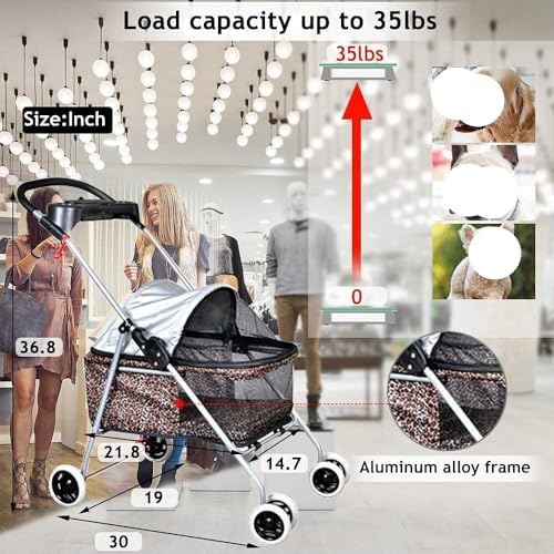 Stress Free Pet Stroller for Medium Small Dogs 4 Wheels Folding Portable Cat Dog with Cup Holders Removable Liner Easy to Carry(A)