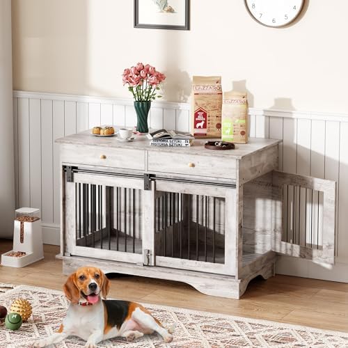 Dog Furniture Crate, 47" Large Dog Crate Furniture w/ 2 Storage Draws & Removable Divider for Large/Medium/Small Dogs (Grey, Double Cage)
