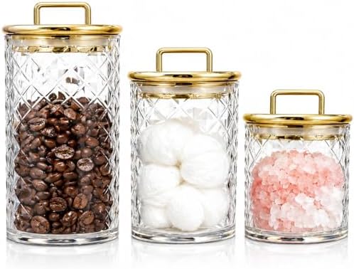 3-Pack Diamond-Cut Acrylic Storage Jars with Gold Lids – Airtight Clear Canisters for Bathroom & Kitchen | Apothecary Jars for Cotton Pads, Qtips, Snacks, Candy & Home Organization