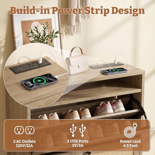 2 Flip Drawers Shoe Cabinet Storage for Kid’s/Women, Narrow Shoes Organizer Cabinetfor Front Door Entrance, Free Standing Hidden Wooden Shoe Rack (Wood)