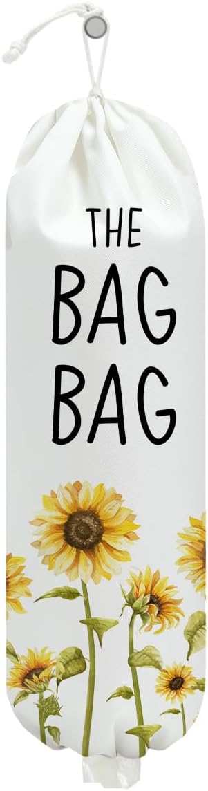 Sunflower Plastic Bag Holder, Wall Mount Grocery Bag Holder for Plastic Bags | Pull Rope Free Adjustment, Sunflower Reusable Shopping Bags Storage Dispenser for Home Kitchen Pantry, 22.5x9 Inch